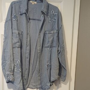 Light Blue Embroidered Denim Button-Down Shirt - Unbranded